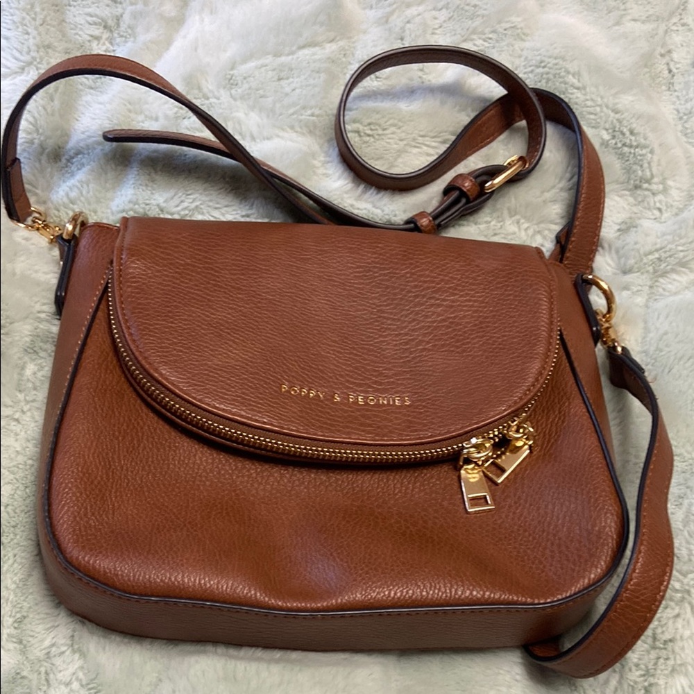 Poppy & Peonies Brown Leather Crossbody Bag with Gold Hardware